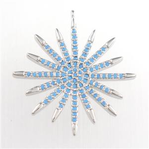 copper starburst pendant paved zircon, turq, platinum plated, approx 25mm dia