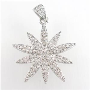 copper flower pendant paved zircon, platinum plated, approx 28mm dia