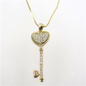 copper necklace with key pave zircon, gold plated, approx 10-30mm, 0.6mm chain, 40cm length