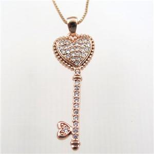 copper necklace with key pave zircon, rose gold, approx 10-30mm, 0.6mm chain, 40cm length