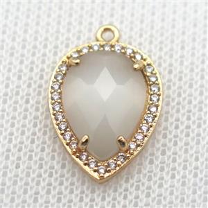 copper teardrop pendant pave zircon with white crystal glass, gold plated, approx 13-18mm