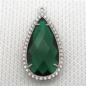 copper teardrop pendant pave zircon with deepgreen crystal glass, platinum plated, approx 18-25mm