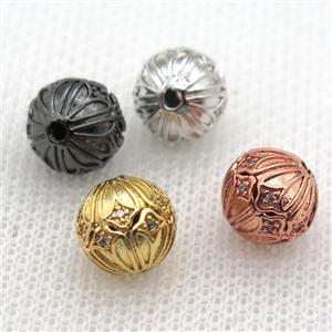 round copper beads paved zircon, mix color, approx 10mm dia