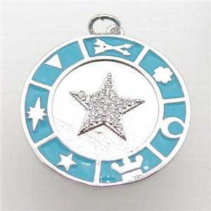 copper circle pendant pave zircon with Enameling, platinum plated, approx 25mm dia