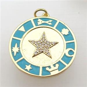 copper circle pendant pave zircon with Enameling, gold plated, approx 25mm dia