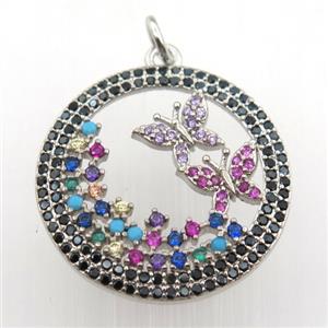 copper circle pendant pave zircon, butterfly, platinum plated, approx 23mm dia