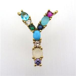 copper Y-letter pendant paved zircon with 2loops, gold plated, approx 15-23mm