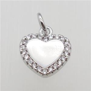 copper heart pendant paved zircon, platinum plated, approx 10mm