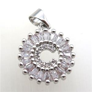 copper letter-C pendant paved zircon, platinum plated, approx 15mm dia