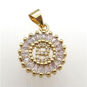 copper letter-B pendant paved zircon, gold plated, approx 15mm dia