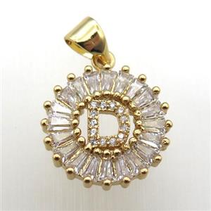 copper letter-D pendant paved zircon, gold plated, approx 15mm dia