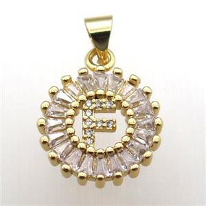 copper letter-F pendant paved zircon, gold plated, approx 15mm dia