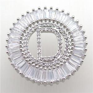copper letter-D pendant paved zircon, platinum plated, approx 28mm dia