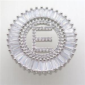 copper letter-E pendant paved zircon, platinum plated, approx 28mm dia
