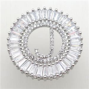 copper letter-J pendant paved zircon, platinum plated, approx 28mm dia