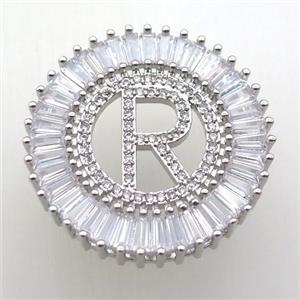 copper letter-R pendant paved zircon, platinum plated, approx 28mm dia