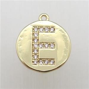 copper letter-E pendant pave zircon, gold plated, approx 14mm dia