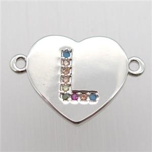 copper letter connector, heart, platinum plated, approx 15-16mm