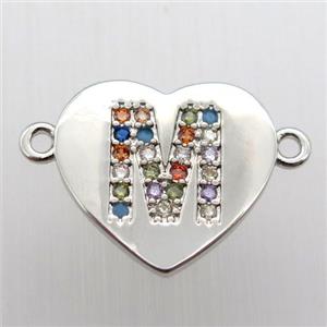 copper letter connector, heart, platinum plated, approx 15-16mm