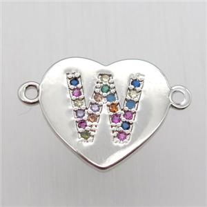 copper letter connector, heart, platinum plated, approx 15-16mm