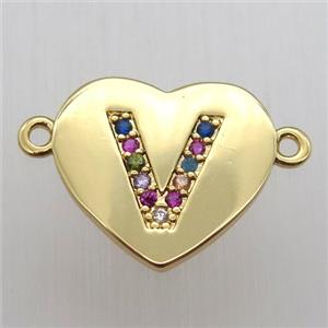 copper letter connector, heart, gold plated, approx 15-16mm