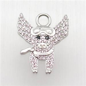copper pig pendant paved zircon, platinum plated, approx 16-20mm