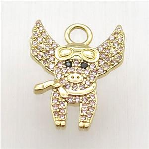 copper pig pendant paved zircon, gold plated, approx 16-20mm