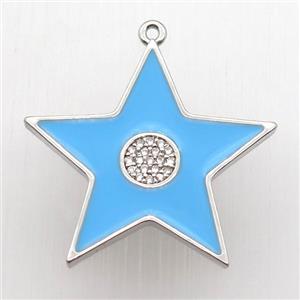 copper star pendant paved zircon, blue enameling, platinum plated, approx 30mm dia