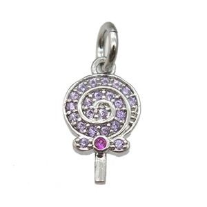 copper Lollipop pendant paved zircon, platinum plated, approx 7-11mm