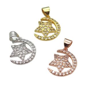 copper moon star pendant paved zircon, mixed color, approx 12-16mm