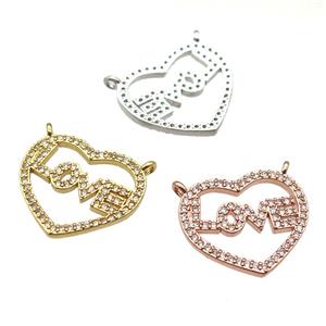 copper LOVE heart pendant paved zircon with 2loops, mixed color, approx 16-18mm