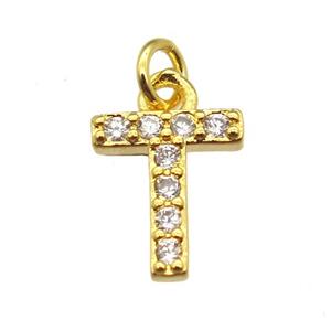 copper letter-T pendant paved zircon, gold plated, approx 10mm