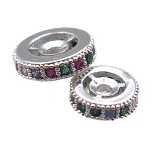 copper spacer beads paved zircon, heishi, platinum plated, approx 6mm dia