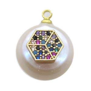 natural pearl pendant paved zircon, approx 14mm dia