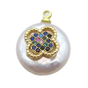 natural pearl pendant paved zircon, approx 14mm dia