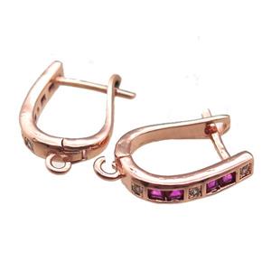 copper Latchback Earrings paved zircon, rose gold, approx 12-16mm