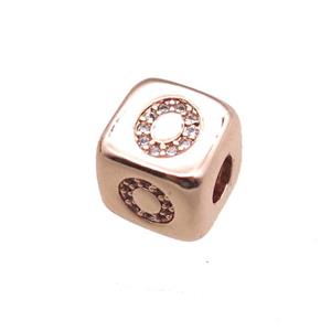 copper letter-O beads paved zircon, cube, rose gold, approx 8.5mm, 4mm hole
