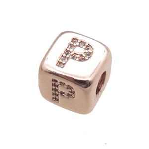 copper letter-P beads paved zircon, cube, rose gold, approx 8.5mm, 4mm hole