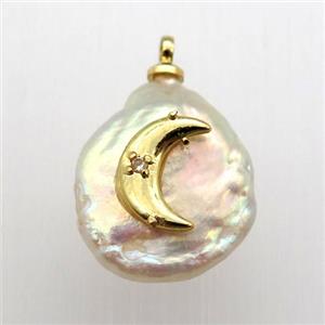 Natural pearl pendant with moon, approx 10-18mm
