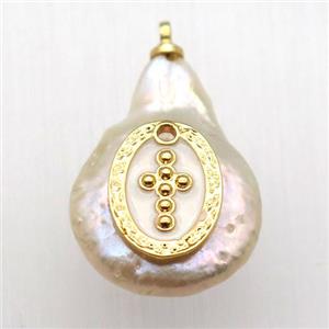 Natural pearl pendant with cross, approx 10-16mm
