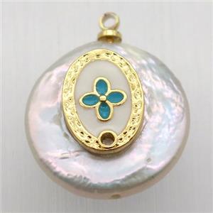 Natural pearl pendant with clover, approx 18mm dia
