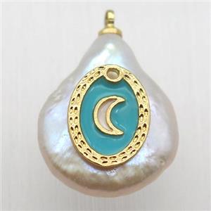Natural pearl pendant with moon, approx 10-16mm