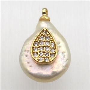 Natural pearl pendant with zircon, teardrop, approx 10-16mm