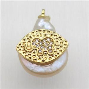 Natural pearl pendant with zircon, elephant, approx 10-16mm