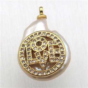 Natural pearl pendant with zircon, LOVE, approx 10-16mm