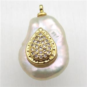 Natural pearl pendant with zircon, teardrop, approx 10-16mm