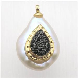 Natural pearl pendant with zircon, teardrop, approx 10-16mm