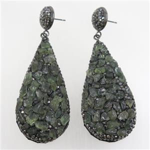 green quartz earring paved rhinestone, teardrop, approx 28-60mm
