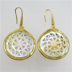pearlized shell earring, 24k gold plated, approx 30mm dia