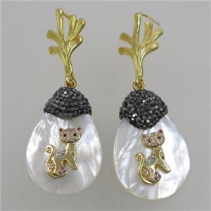 white Shell Earring pave rhinestone cat, approx 25-35mm